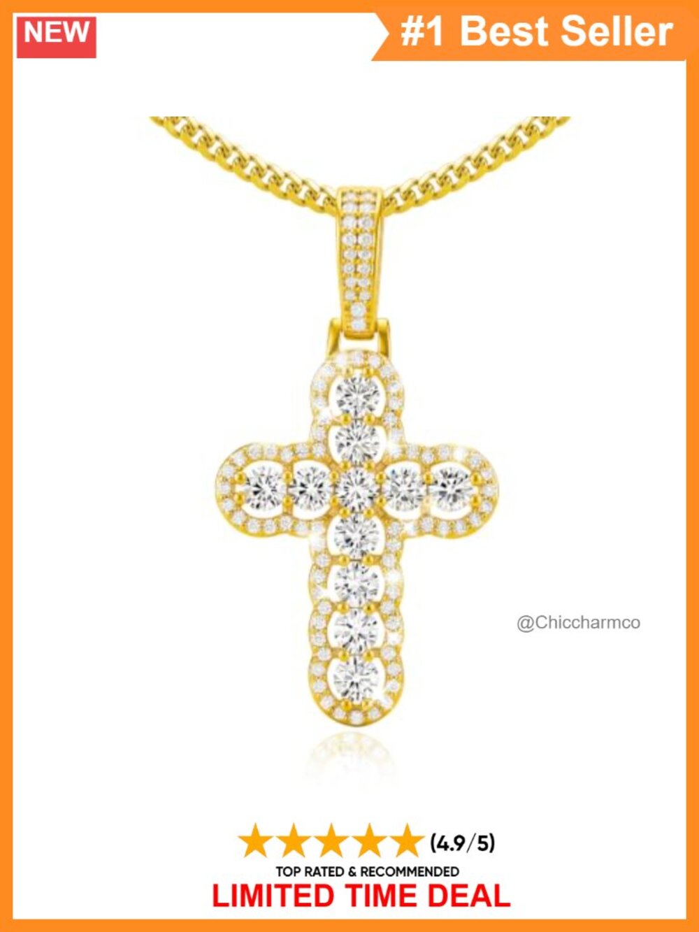 14K Gold Plated Cross Necklace with Cubic Zirconia for Women
